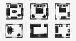 © Sastro - Home furniture layout plans for living room, bedroom, dining, and bathroom with top view silhouettes on isolated white background.