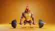 © KHUKI - Muscular rooster holding heavy barbell on vibrant orange background with copy space