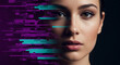 © PhotoArtHub - Close-up of woman's face with pixelated purple and teal effect on one side, representing technology, data, and modern digital transformation