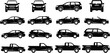 © Sreemoti - Vehicle silhouette set, different cars side, front and back view, sedan, suv, pickup and convertible, auto transport collection, vector illustration