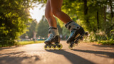Roller skating in a city park at sunset, an active lifestyle, outdoor fitness and summer relaxation