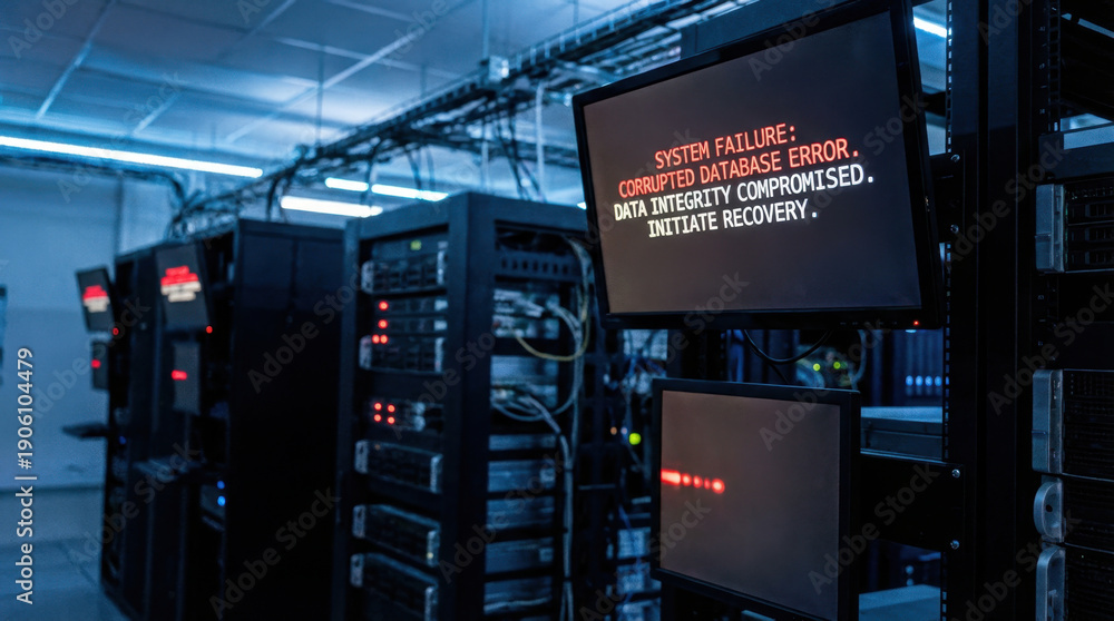 Data Center Server Racks and Monitor Display Showing Error Stock Photo ...
