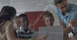 © vectorfusionart - Teaching teacher polo leaning over guiding students at laptop and tablet in classroom, stock chart