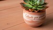 © QistinaMaream - A lush succulent plant thriving in a terracotta pot inscribed with the inspiring phrase Cultivate your pot rests on a wooden surface