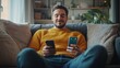 © vefimov - A man is sitting on a couch and using two cell phones. He is smiling. There are two potted plants in the room