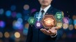 © CuteBee - A businessman presents glowing hexagon icons symbolizing digital education, artificial intelligence, and knowledge above his open hand, against a dark background.
