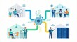 © Apin - Flat lay illustration of business professionals interacting with AI systems in an office setting with a futuristic and technological mood.