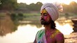 © Anna - Male Indian Yogi Meditating By Lake At Sunset, White Draped Robe And Turban Dusted With Holi Powder, Golden Light On Water, Calm Reflection And Gentle Color Smoke, Tranquil Evening Mood.