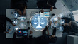 © InfiniteFlow - A diverse team engages in a business meeting, analyzing charts and data while a digital scale symbolizing law integrates with modern technology and collaboration. Trope