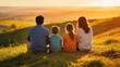 © SceneStockHub - Family sitting together watching sunset over hills,parents and children bonding outdoors,warm golden light,emotional lifestyle moment,peaceful countryside evening