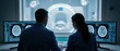 © Gayan - Two professional White medical doctors monitoring a brain CT scan in a dark radiology room, healthcare specialists analyzing digital neurology data on multiple screens in a modern hospital lab.