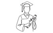 © trianatio - Academic success theme featuring a graduate holding a diploma and wearing a cap and gown in continuous line drawing style.