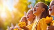 © Yevheniiya - Smiling children are joyful with flowers, and Easter bunny ears in a bright, sunny scene.