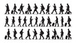 © Orbit - Silhouettes of people walking in rows, carrying bags and luggage, side profile view, representing travel and commuting activity.