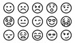© Graphic Genius - Large set of black outline emoticons showing various facial expressions and human emotions like happy, sad, angry, and surprised, presented in a simple, minimalist line art style