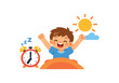 © Framezy - child stretching arms morning sun icon alarm clock nearby sign of enough night sleep clean shapes. colored flat icon vector illustration