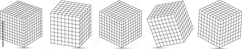 Isometric wireframe cube grid collection showing geometric perspective ...