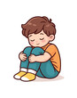 © Framezy - child hugging knees to chest sitting on floor compact self soothing pose clean shapes. colored flat icon vector illustration