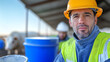 © Phuwadon - A focused worker in a safety helmet and vest oversees operations on a farm, showcasing dedication to agricultural practices.