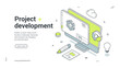 © provectors - Web banner for project development. Isometric vector illustration of business management process. Modern template for a creative agency landing page with computer, gear and chart icons