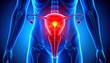 © Bassano - 'Medical illustration of female reproductive system with uterus highlighted in red glowing center, surrounding fallopian tubes and ovaries visible, transparent blue-toned anatomy emphasizing internal