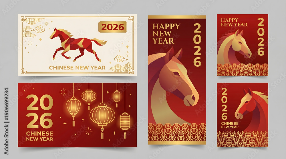 2026 chinese new year greeting card set with horse illustrations ...