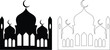 © Muhammad - Ramadan mosque silhouette icon set with crescent moon in flat and outline style, Islamic mosque skyline collection, black monochrome vector illustration isolated on transparent background