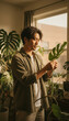 © Marina - Asian man caring for monstera deliciosa plant in sunlit apartment living room