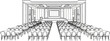 © Devano - An empty conference hall with rows of tables and chairs facing a stage