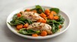 © pngking - Clear focus on a plate serving baked chicken, tender spinach leaves, and chopped carrots