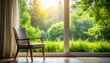 © ruangrit19 - Relaxing armchair by the window overlooking a lush green garden on a bright sunny day perfect for rest and contemplation.