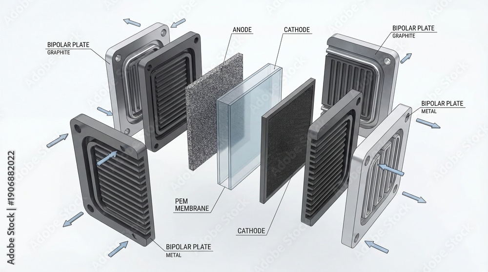 Technical 3D exploded view of PEM electrolyzer cell showing membrane ...