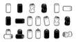 © Sophia - Black and white aluminum beverage can icons showing a collection of new, used, crumpled, and crushed containers for recycling, presented in a minimalist line art and silhouette style