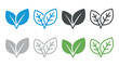 © Sophia - Set of colorful leaf icons in various styles including solid and outline designs for ecology and nature concepts, presented in blue, green, and grey color variations