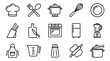 © Sophia - Set of black line art cooking and kitchen icons including a chef hat, pot, whisk, oven, blender, and apron, representing culinary tools and professional restaurant equipment