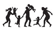 © simran - Happy family silhouettes with parents holding and playing with children, representing joy, love, and family life in a dynamic composition.