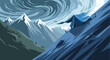 © Bogdan - Stylized vector illustration of a blue tent pitched on a mountain slope, with snowy peaks and a dramatic, swirling sky. Ideal for travel, adventure, and outdoor themes.