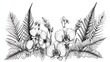 © pariimage - Highly detailed hand-sketched botanical elements featuring fern fronds and orchid blooms in continuous line art technique, precise botanical accuracy with scientific attention to plant anatomy, black