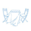 © Anastasiia - A whimsical hand-drawn illustration of a dining set. A square table with a tablecloth and two chairs. An outdoor table with folding chairs. Vector outline illustration in blue.