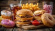 © mila103 - Indulgent fast food feast with burgers, fries, donuts, and soda.