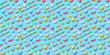 © S.Jirut - pixel art seamless pattern with 8-bit hair clips, stars, and candies, vibrant neon rainbow lifestyle backdrop on baby blue background