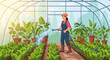 © Indah - A farmer watering plants in a greenhouse, nurturing a lush garden with dedication and care