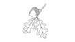 © Shipon - Classic black and white line drawing of an acorn with its cap is shown attached to an oak branch with two large lobed oak leaves.