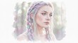 © Yauhen - Watercolor painting of young woman with braided hair and face gems. Soft pastel colors create dreamy fantasy mood. Ideal for artistic designs, book covers and illustrations.