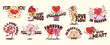 © Buch&Bee - Valentine love hearts and Y2K groovy stickers or funky labels, cartoon vector. Valentine day cartoon groovy stickers with funny heart characters in love on cloud with sweet mood and love vibe quotes
