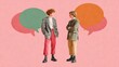 © Mary_muis/stoker ua - Two young men in stylish plaid blazers and colorful pants engage in conversation against a pink background with speech bubbles, showcasing modern fashion and communication