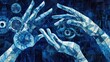 © globespot - Abstract blue mosaic artwork of two hands interacting with gears.