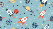 © Cesvaldas - Dynamic space themed seamless pattern featuring rockets, various planets, and constellations on a blue background for boys nursery decor.