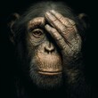 © Wall Art Galerie - Close up portrait of thoughtful chimpanzee covering one eye with hand on dark background, expressing emotion, intelligence and contemplative animal behavior