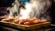 © Plaifah - Crispy Bacon Strips Cooking on a Wooden Board with Rising Steam and a Delicious Aroma in a Warm Kitchen Setting